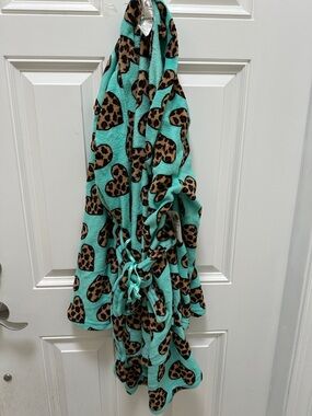 Juicy Couture Aqua Fuzzy Robe with Leopard Heart Print